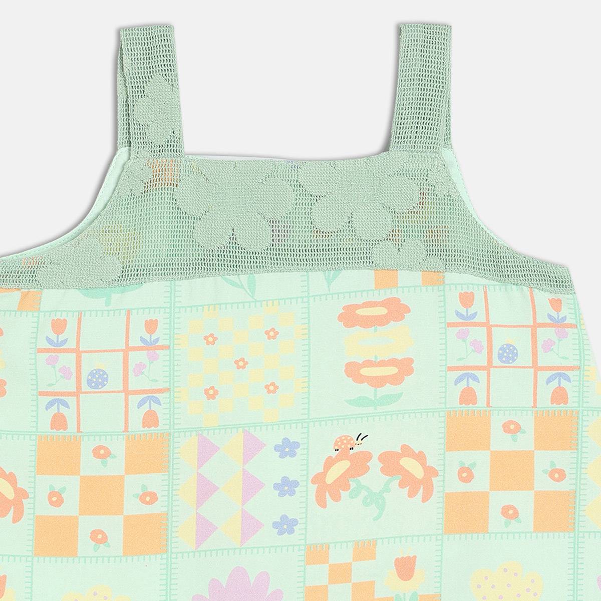 Girls Cotton Sleeveless Floral Printed Dress With Shrug - Green