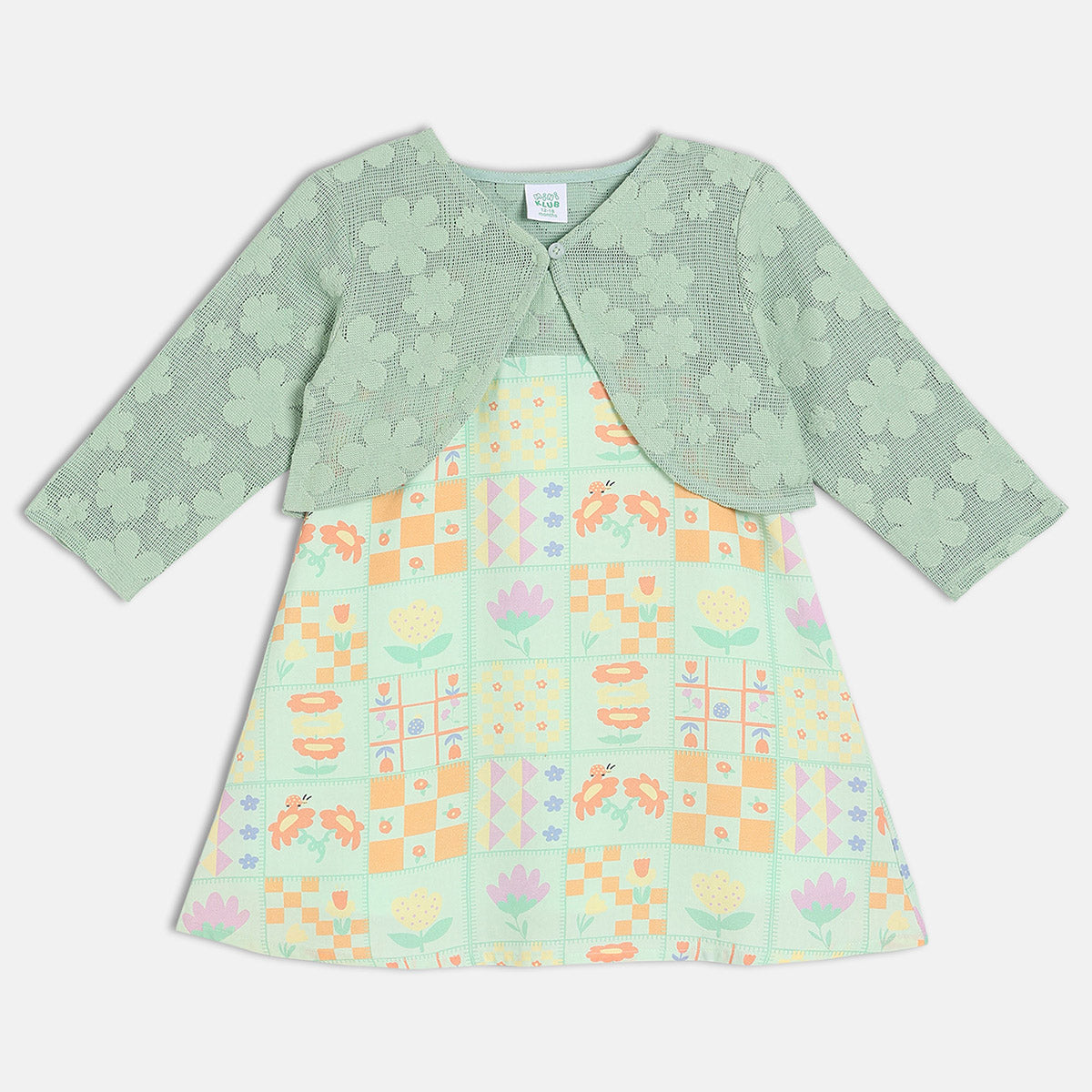 Girls Green Straight Neckline Knee Length Dress