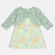 Girls Green Straight Neckline Knee Length Dress