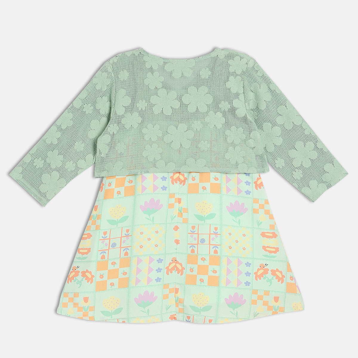 Girls Green Straight Neckline Knee Length Dress