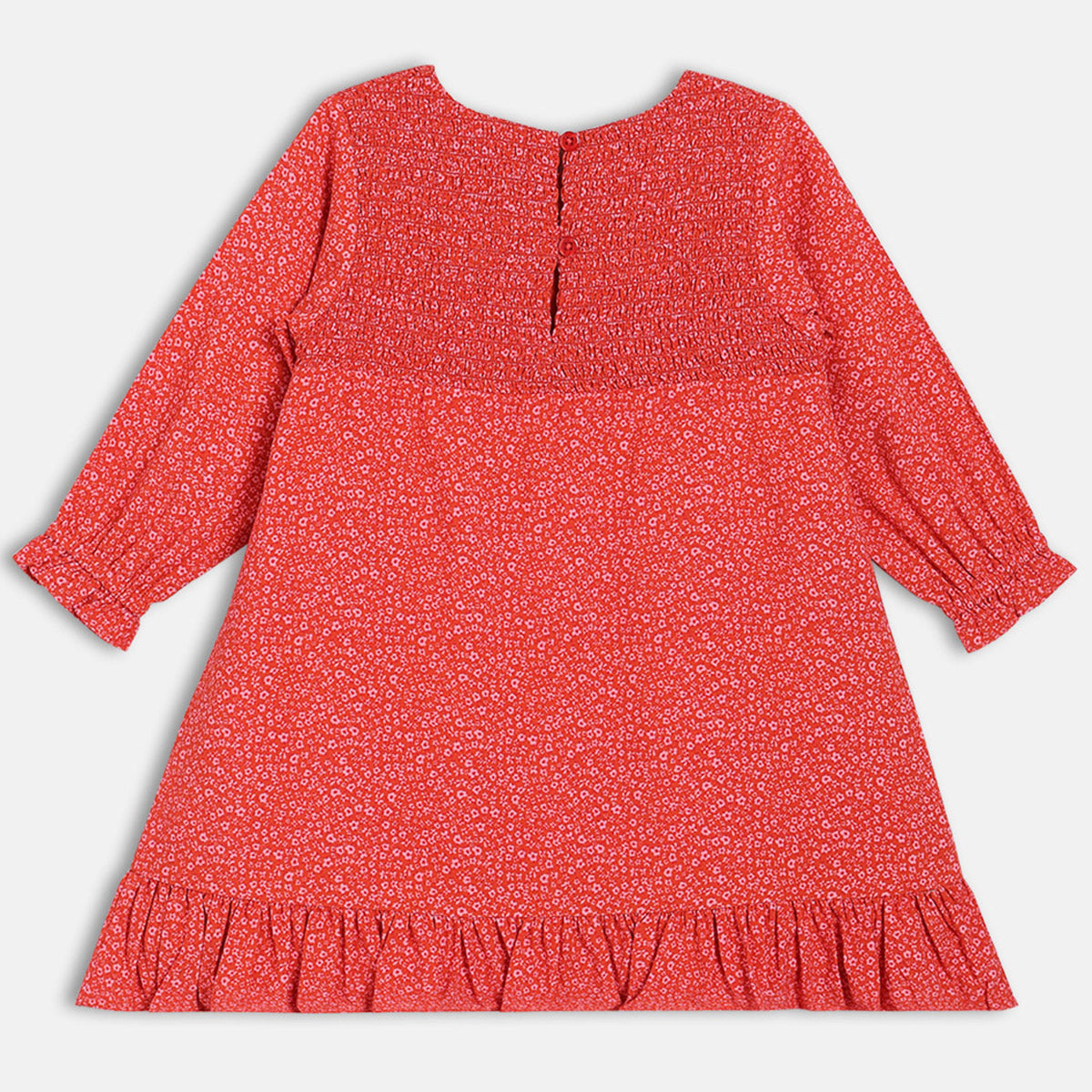 Girls Cotton Full Sleeves Floral Printed Dress - Red