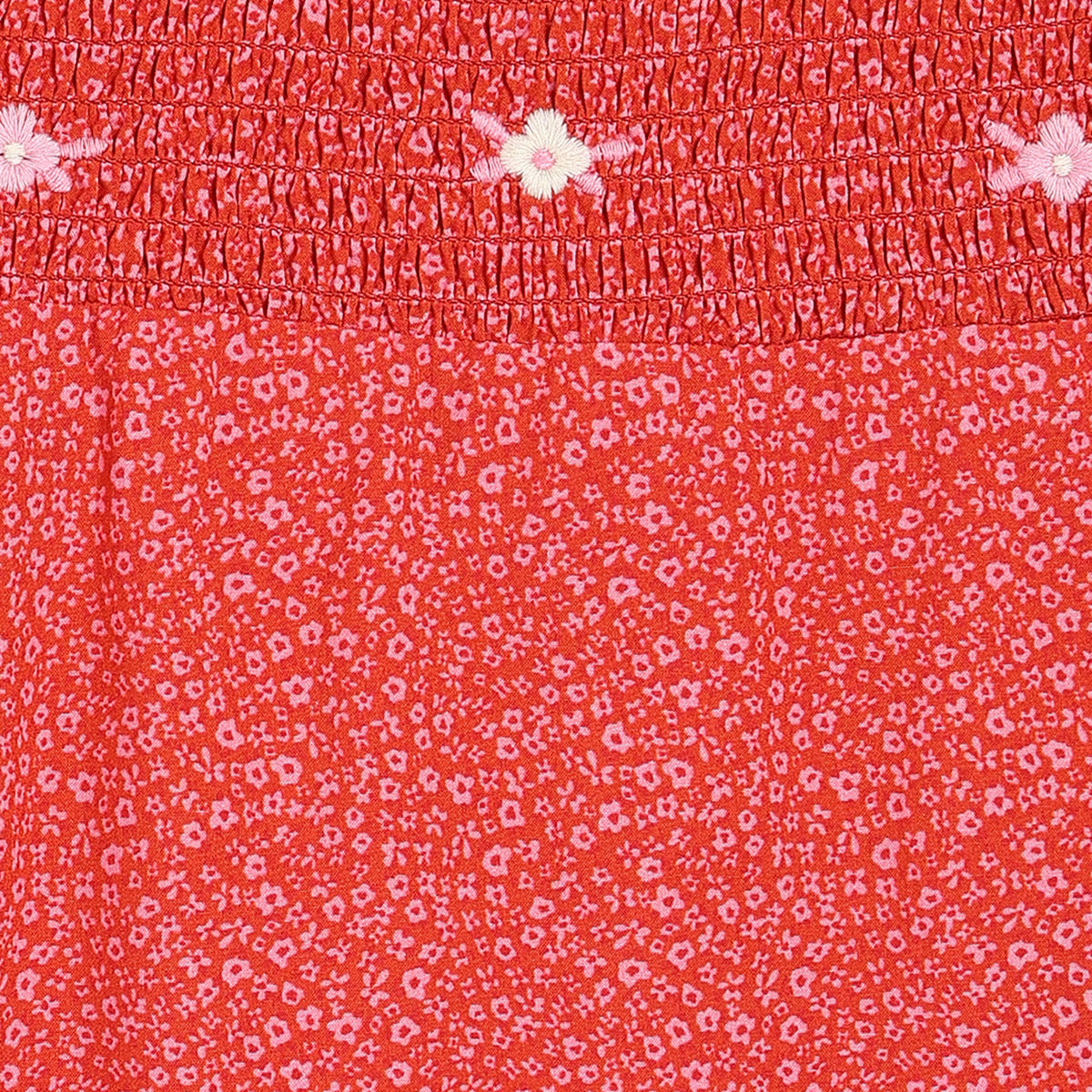Girls Red Round Neck Floral Printed Dress