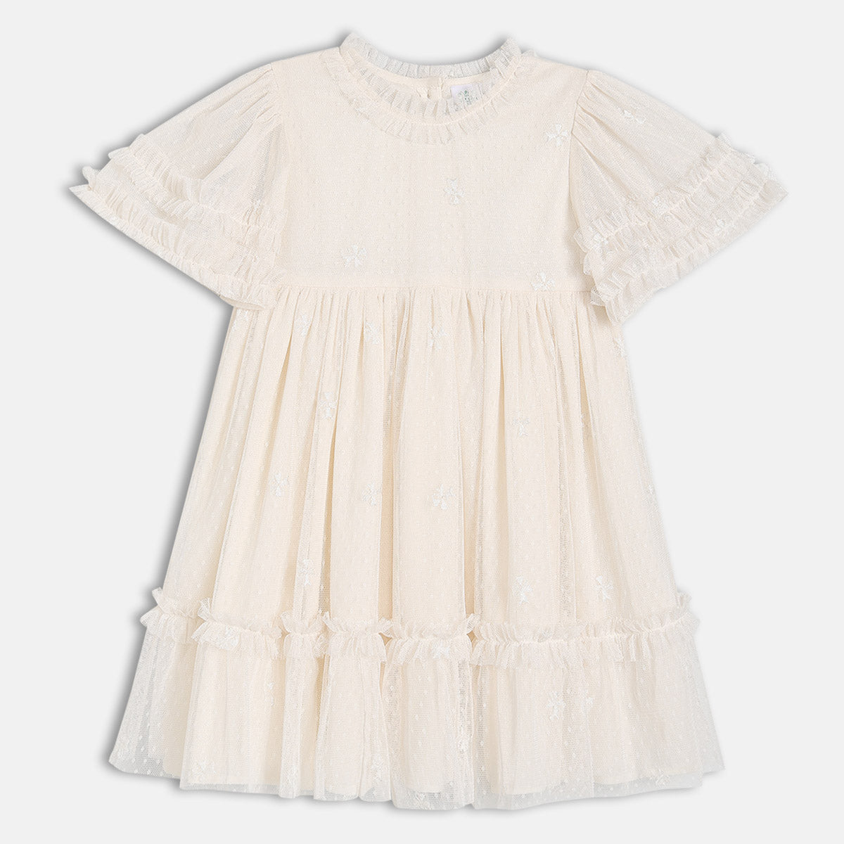 Girls Cotton Half Sleeves Floral Embroidered Dress - White