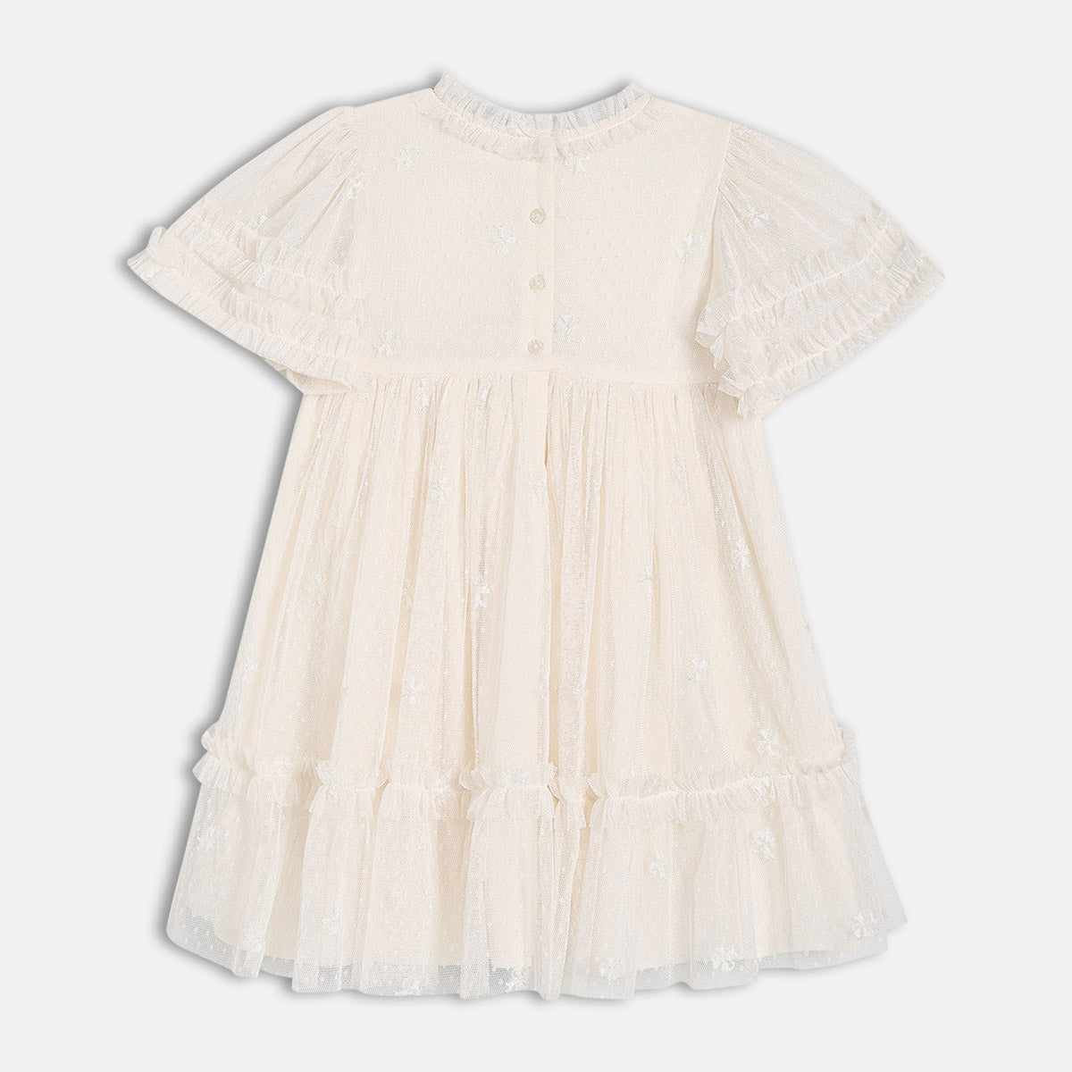 Girls Cotton Half Sleeves Floral Embroidered Dress - White