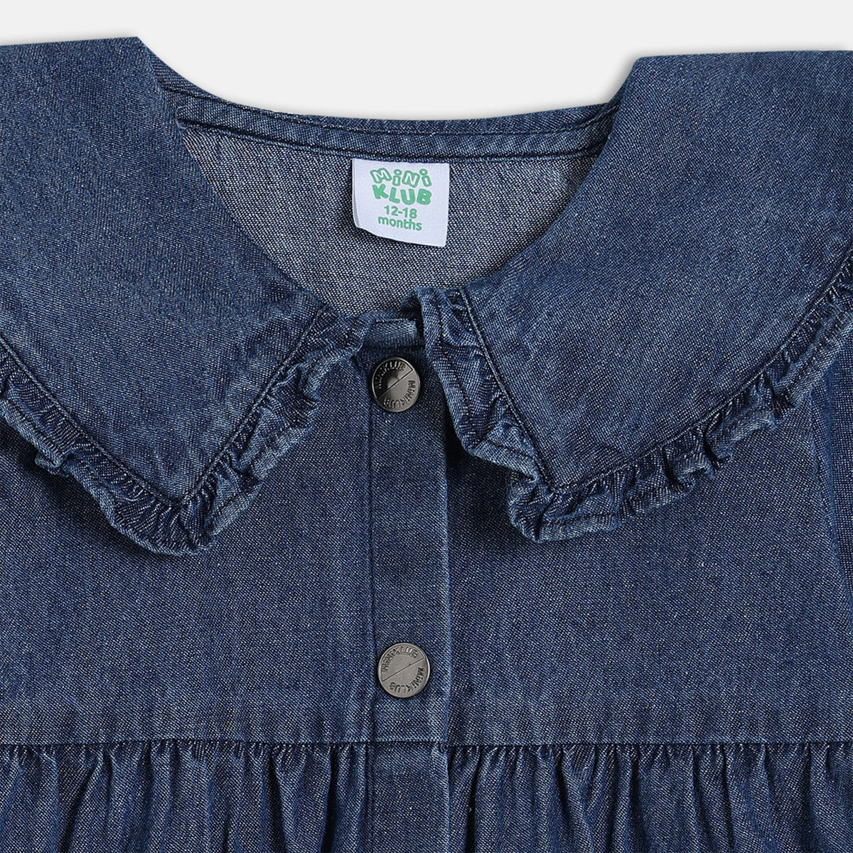 Girls Denim Collar Knee Length Dress