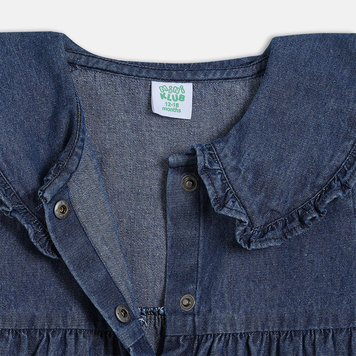 Girls Denim Collar Knee Length Dress