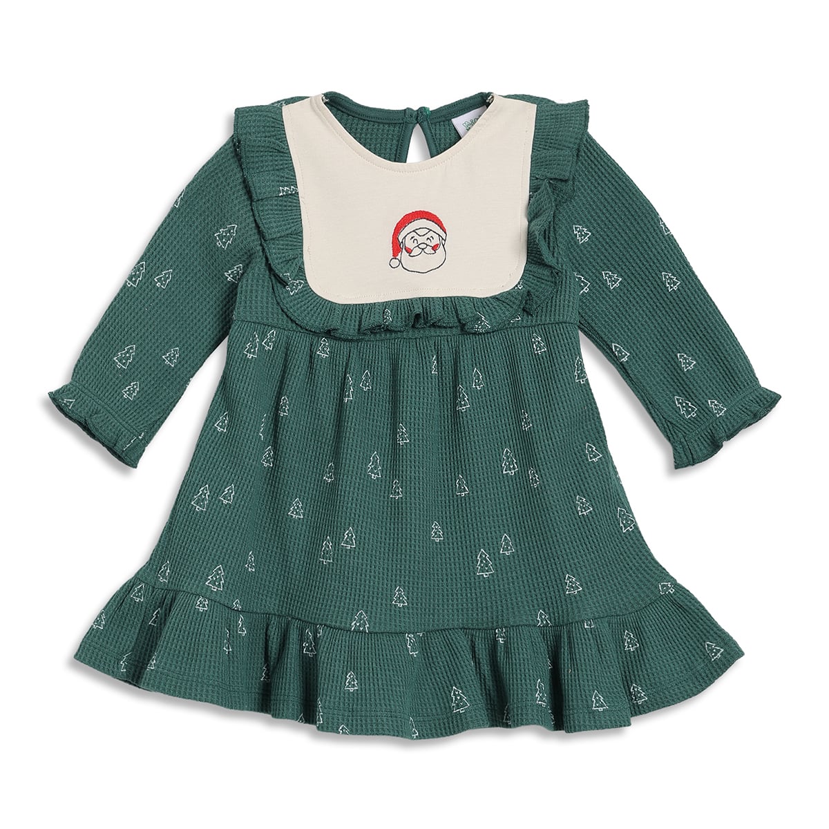 Baby Girls Green and White Cotton Printed Full Sleeves Fit and Flare Dress Regular Fit Winter Wear