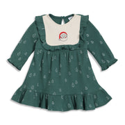 Baby Girls Green and White Cotton Printed Full Sleeves Fit and Flare Dress Regular Fit Winter Wear