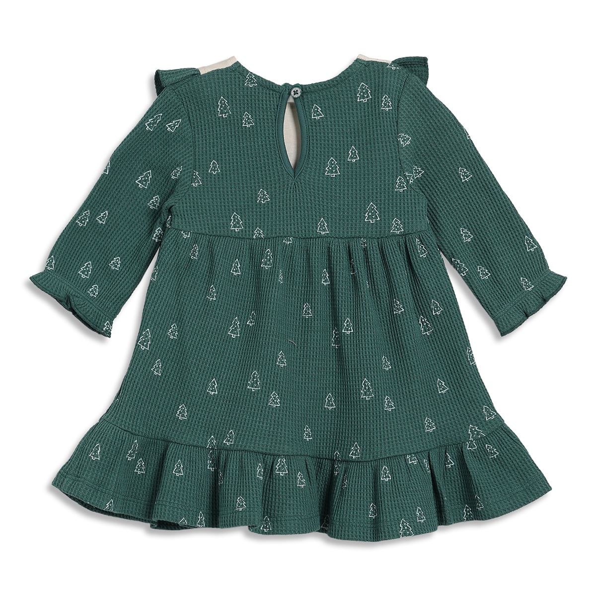 Baby Girls Green and White Cotton Printed Full Sleeves Fit and Flare Dress Regular Fit Winter Wear