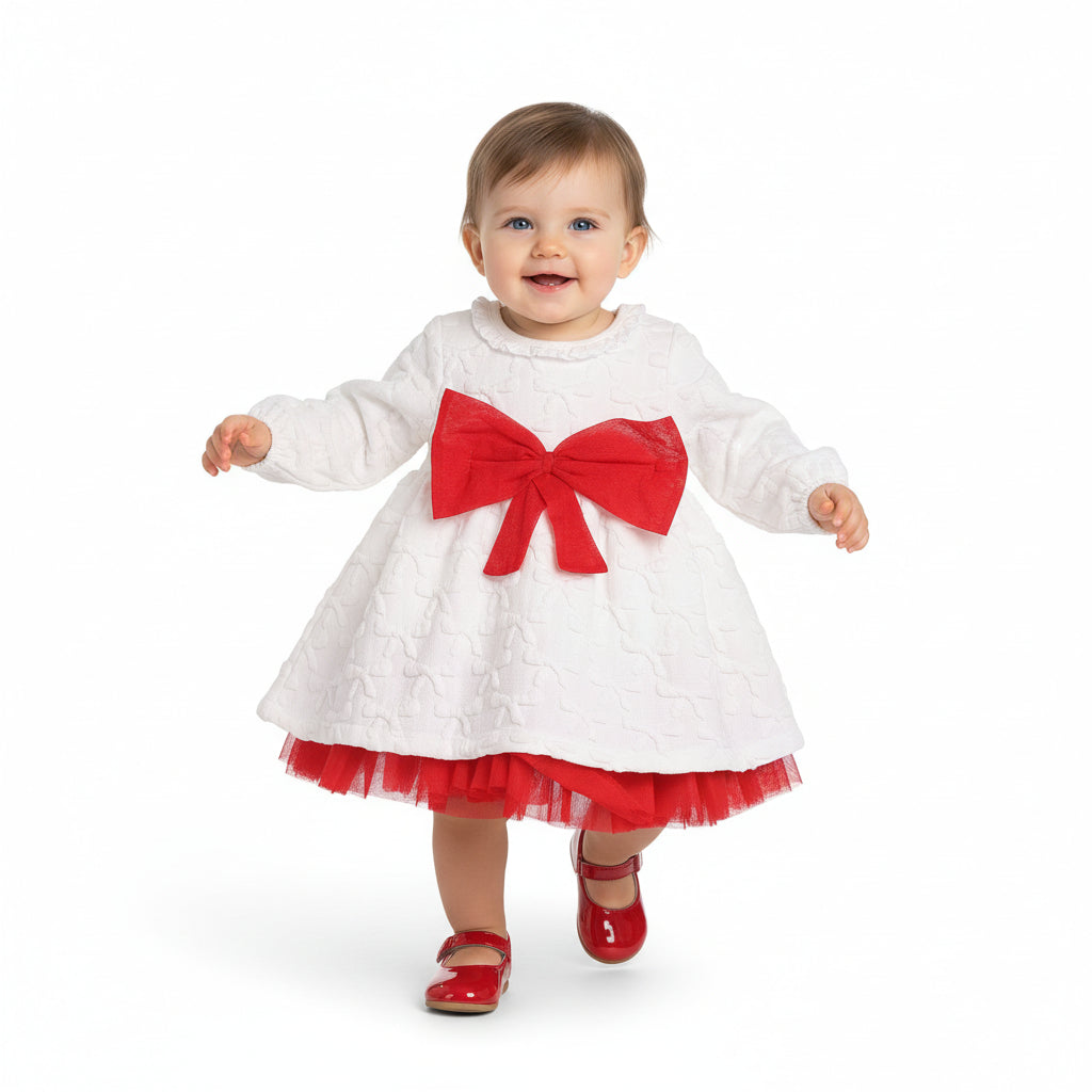 Baby Girls White and Red Textured Full Sleeves Fit and Flare Party Dress Regular Fit Winter Wear