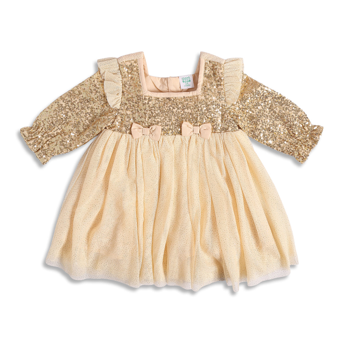 Baby Girls Beige and Gold Sequinned Full Sleeves Fit and Flare Party Dress Regular Fit Winter Wear