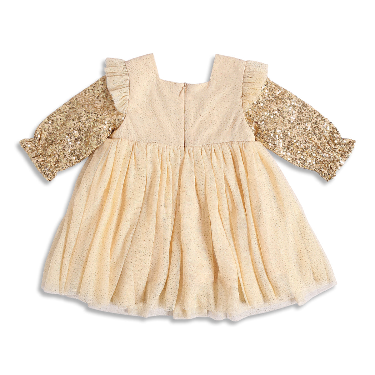 Baby Girls Beige and Gold Sequinned Full Sleeves Fit and Flare Party Dress Regular Fit Winter Wear