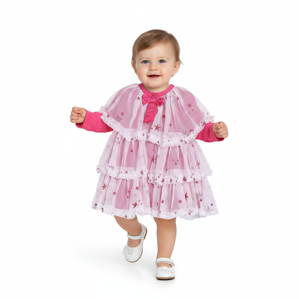 Baby Girls Pink and White Net Printed Full Sleeves Fit and Flare Party Dress Regular Fit Winter Wear