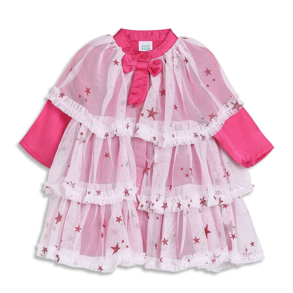 Baby Girls Pink and White Net Printed Full Sleeves Fit and Flare Party Dress Regular Fit Winter Wear