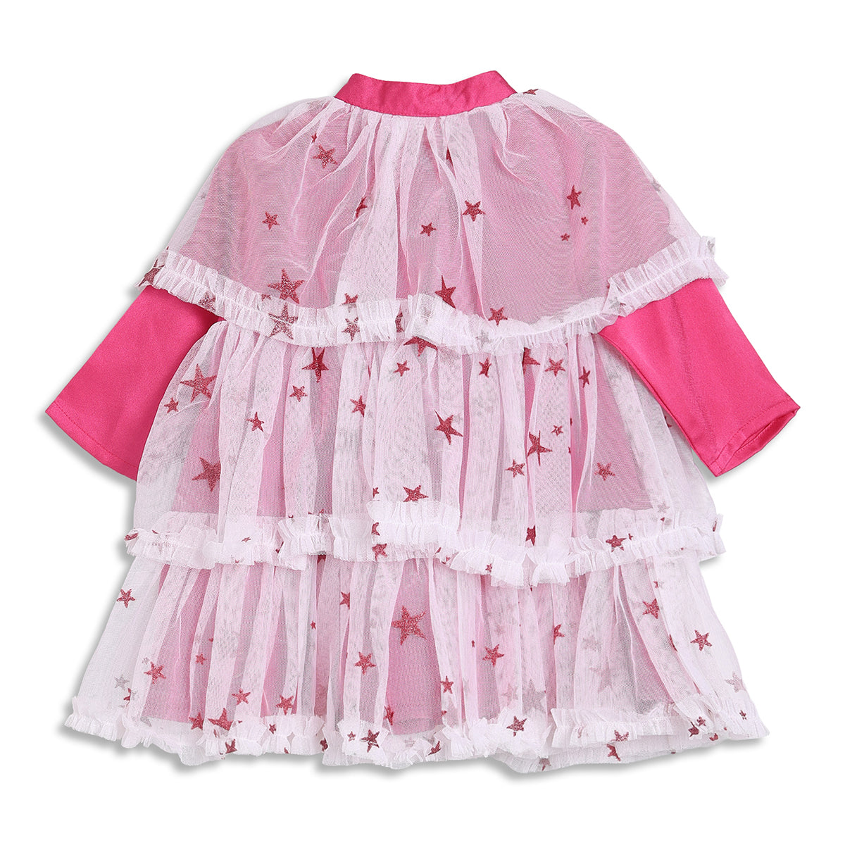 Baby Girls Pink and White Net Printed Full Sleeves Fit and Flare Party Dress Regular Fit Winter Wear