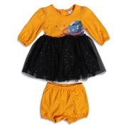Baby Girls Mustard Yellow and Black Cotton Printed Full Sleeves Fit and Flare Dress with Bloomers Set Regular Fit Party Wear