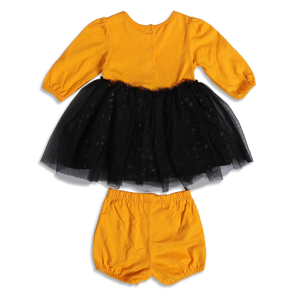 Baby Girls Mustard Yellow and Black Cotton Printed Full Sleeves Fit and Flare Dress with Bloomers Set Regular Fit Party Wear