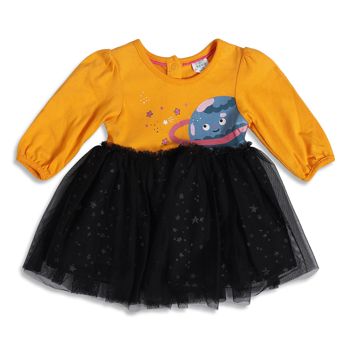 Baby Girls Mustard Yellow and Black Cotton Printed Full Sleeves Fit and Flare Dress with Bloomers Set Regular Fit Party Wear