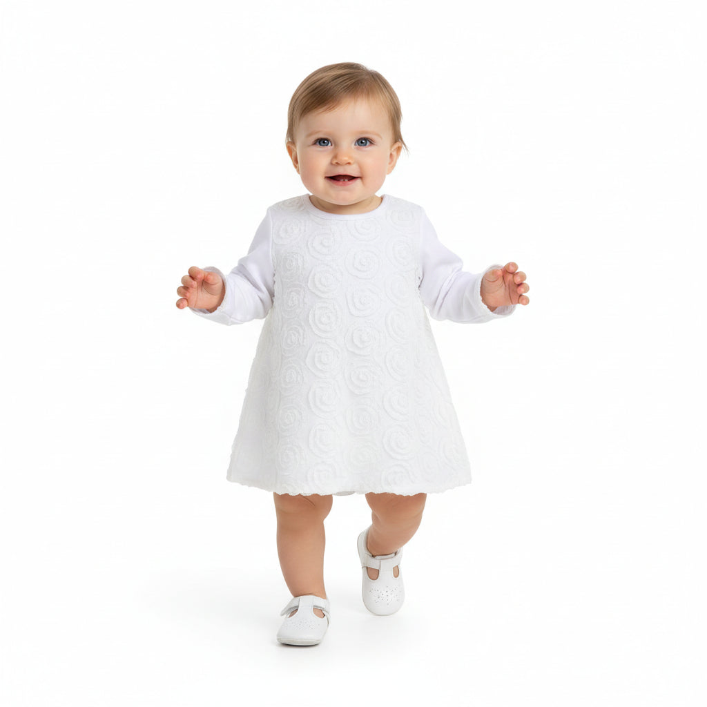 Baby Girls White Floral Textured Fit and Flare Party Dress Regular Fit Western Wear