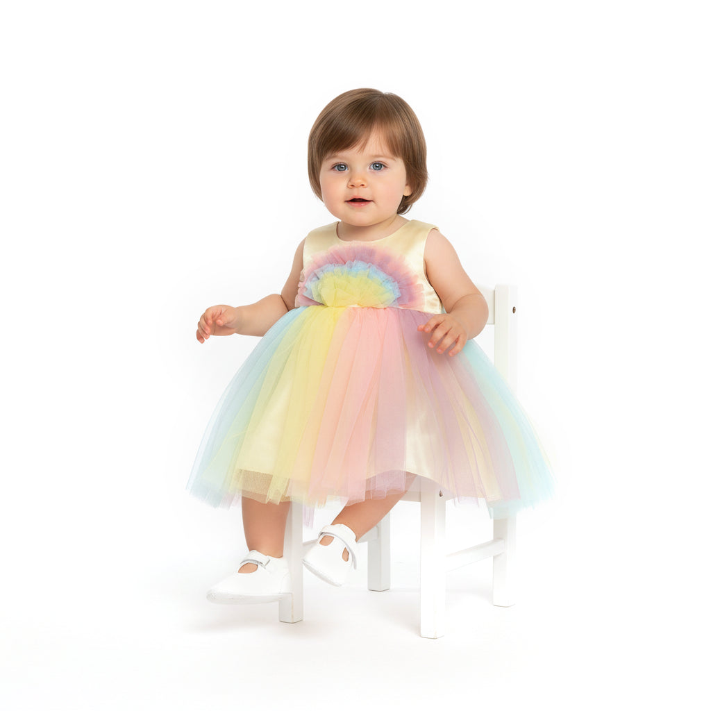 Baby Girls Yellow, Pink, Blue and Purple Rainbow Tulle Party Dress Regular Fit Sleeveless Western Wear