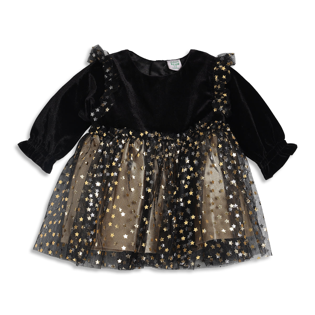 Baby Girls Black and Gold Star Printed Velvet Fit and Flare Party Dress Regular Fit Western Wear