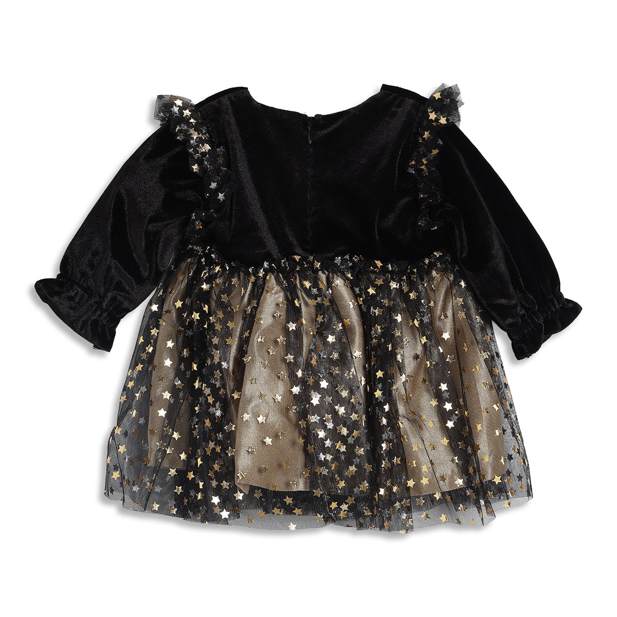 Baby Girls Black and Gold Star Printed Velvet Fit and Flare Party Dress Regular Fit Western Wear