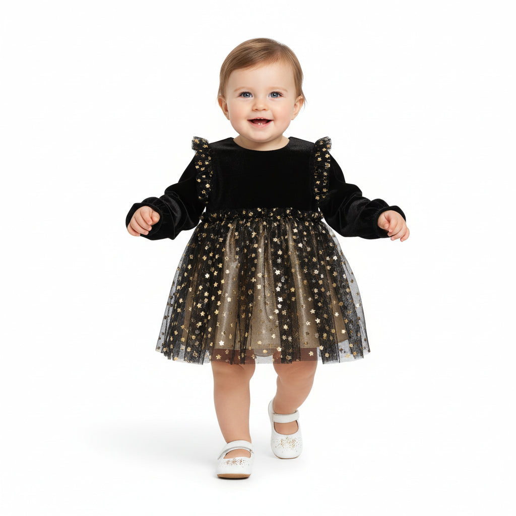 Baby Girls Black and Gold Star Printed Velvet Fit and Flare Party Dress Regular Fit Western Wear