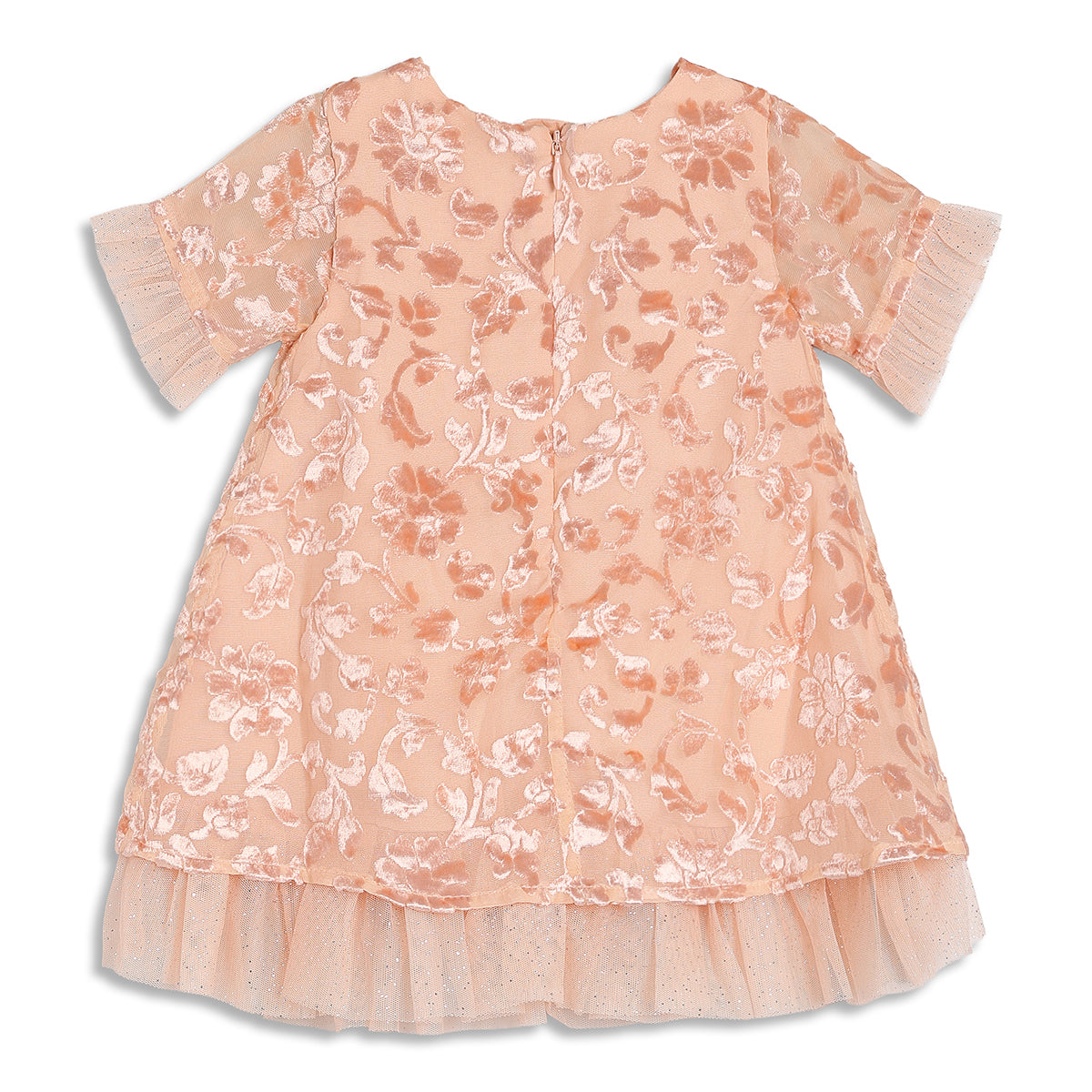 Baby Girls Peach Floral Textured and Flare Party Dress Regular Fit Western Wear