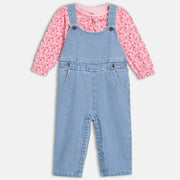 Girls Blue Round Neck Full Length Dungaree Set