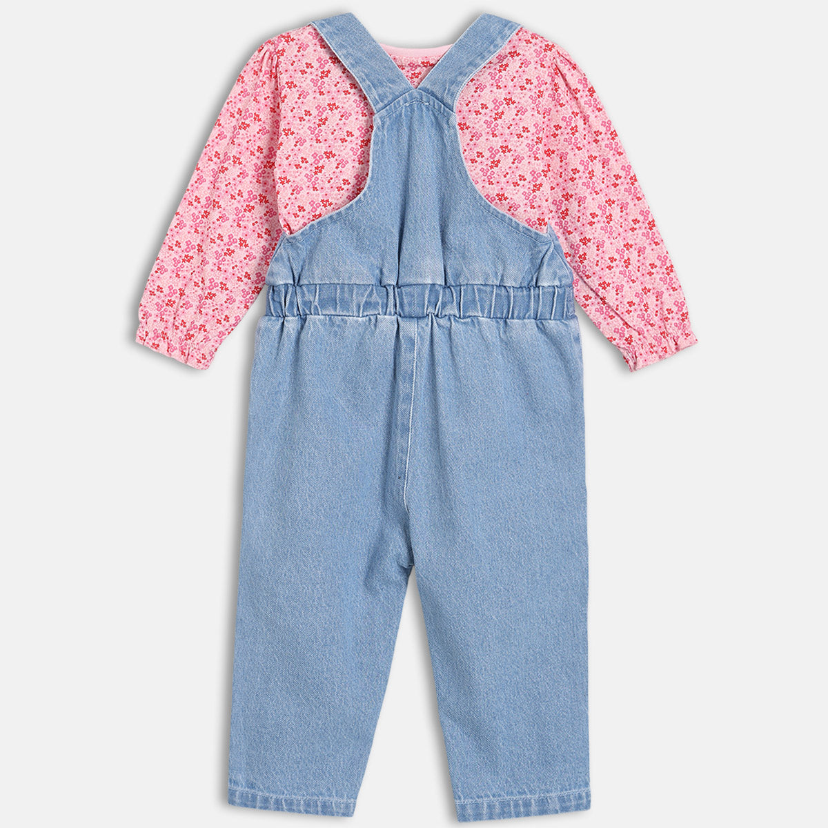 Girls Blue Round Neck Full Length Dungaree Set