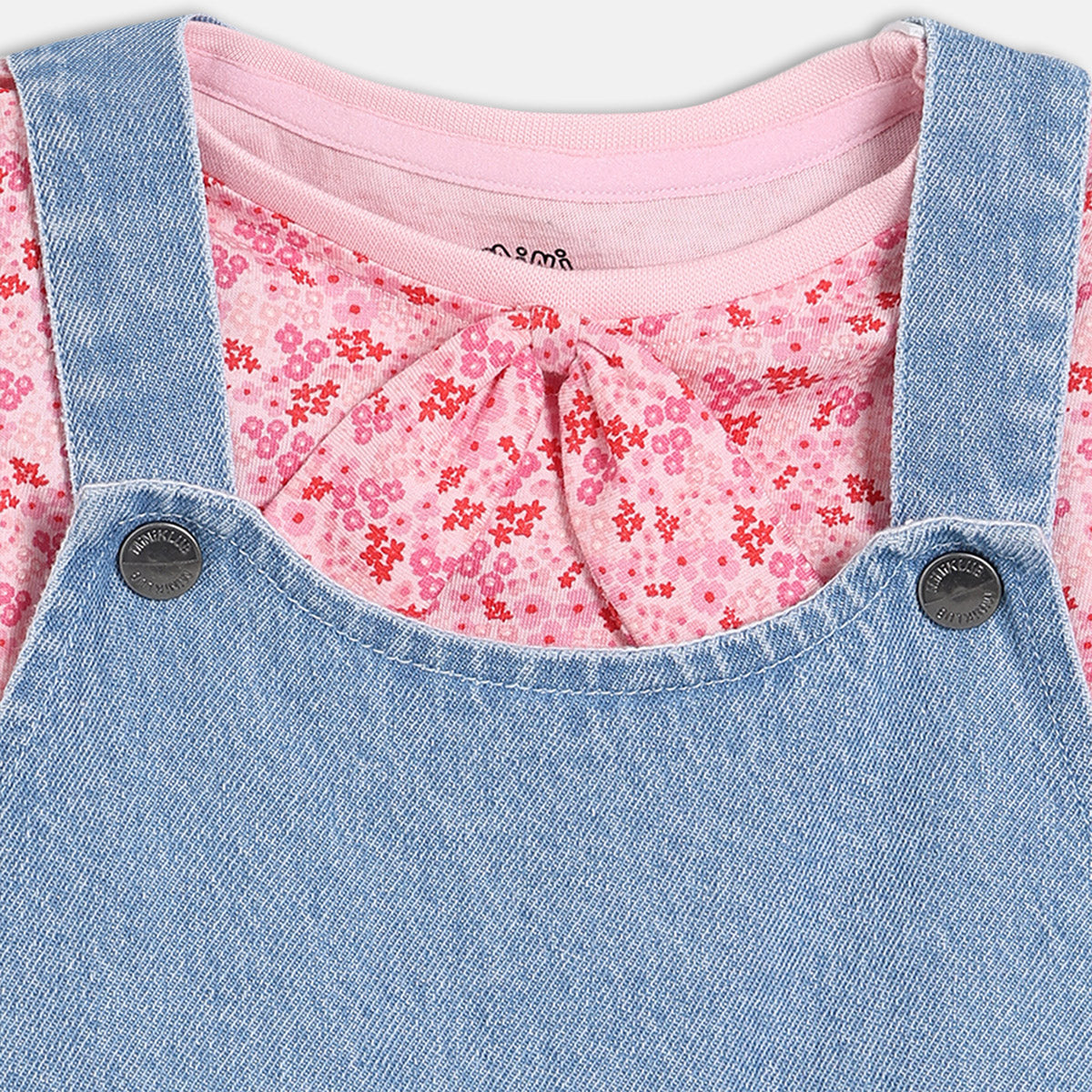 Girls Blue Round Neck Full Length Dungaree Set