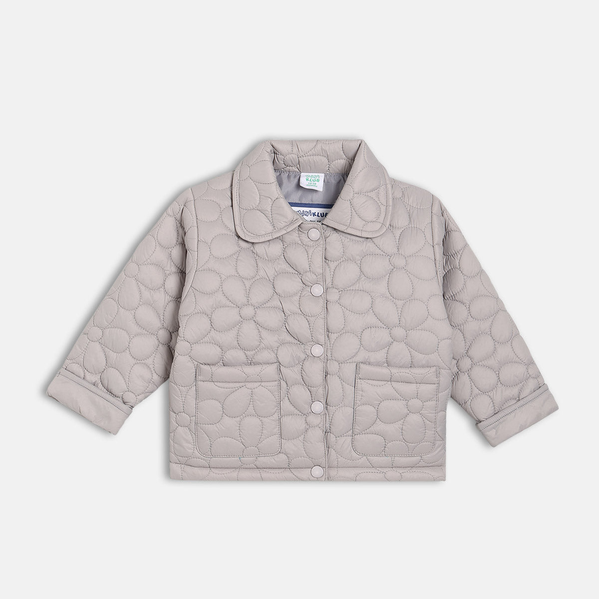 Girls Grey Round Neck Floral Printed Jacket