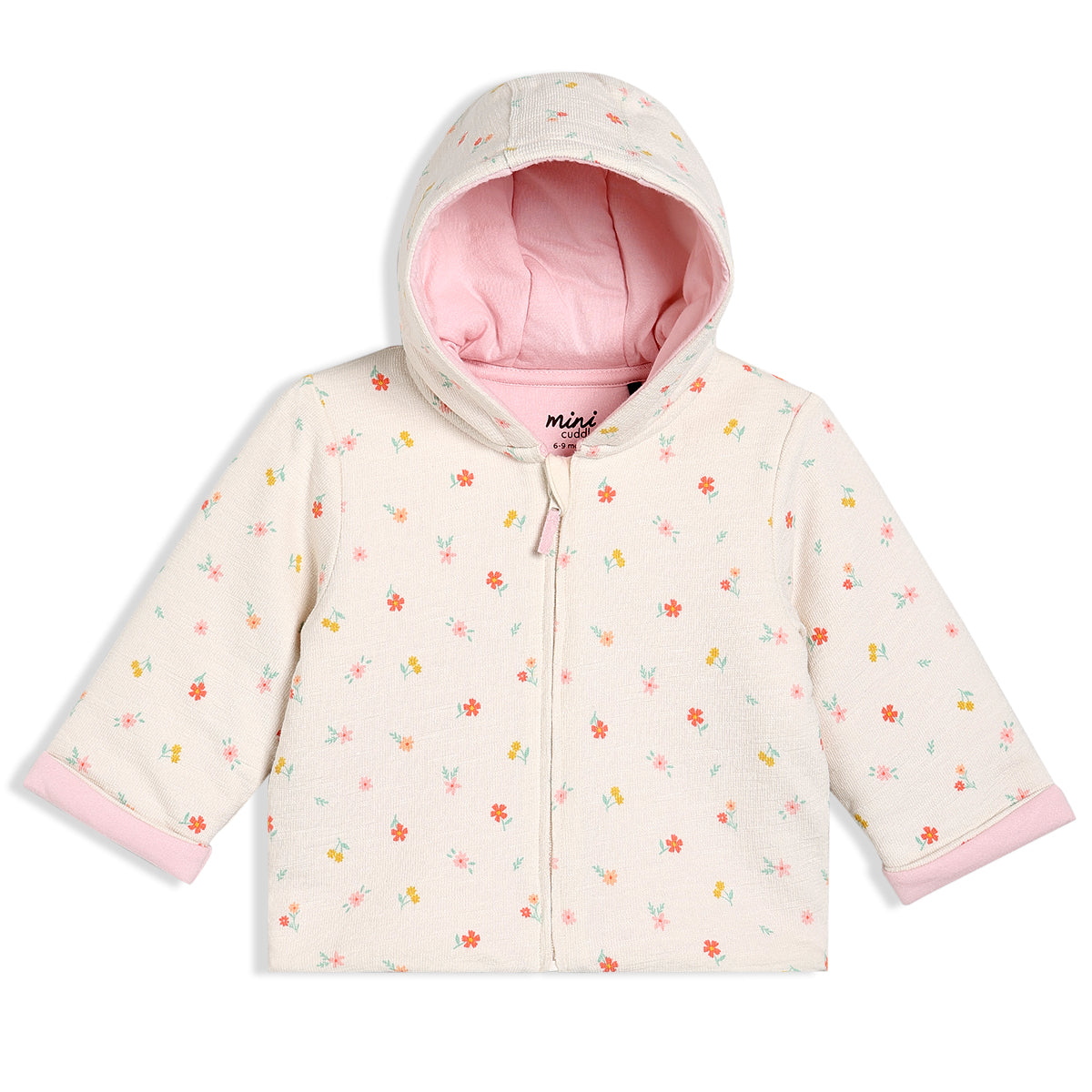 Girls White/Pink Hooded Full Sleeve Jacket