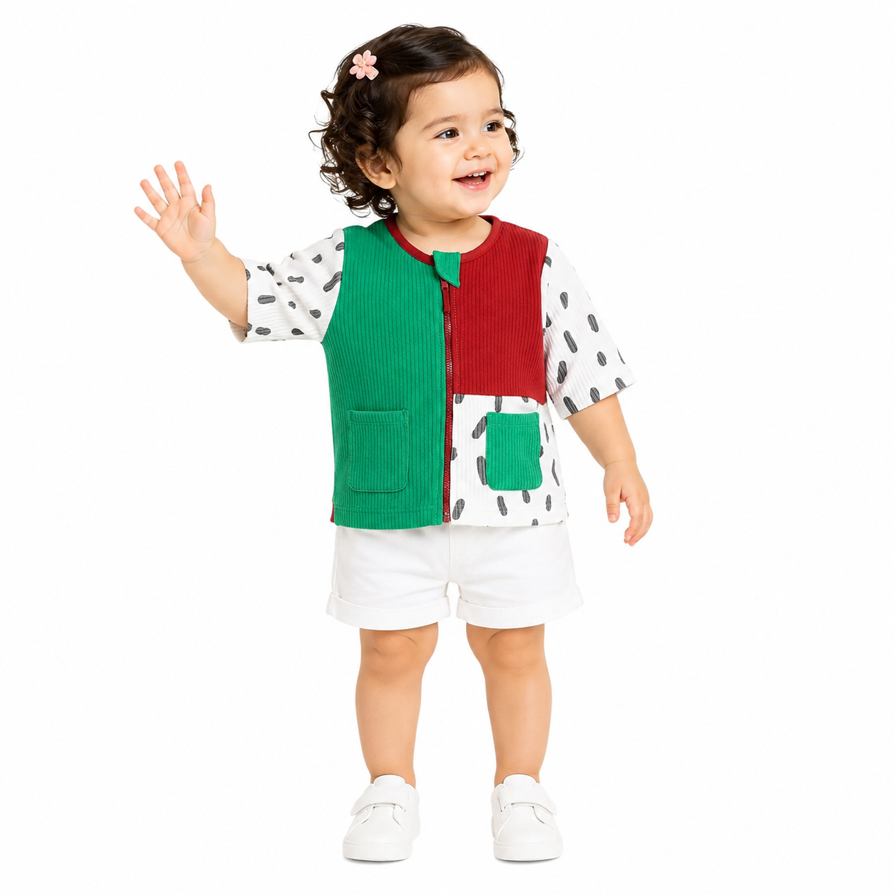 Girls Cotton Full Sleeves Colorblocked Jacket - White & Green