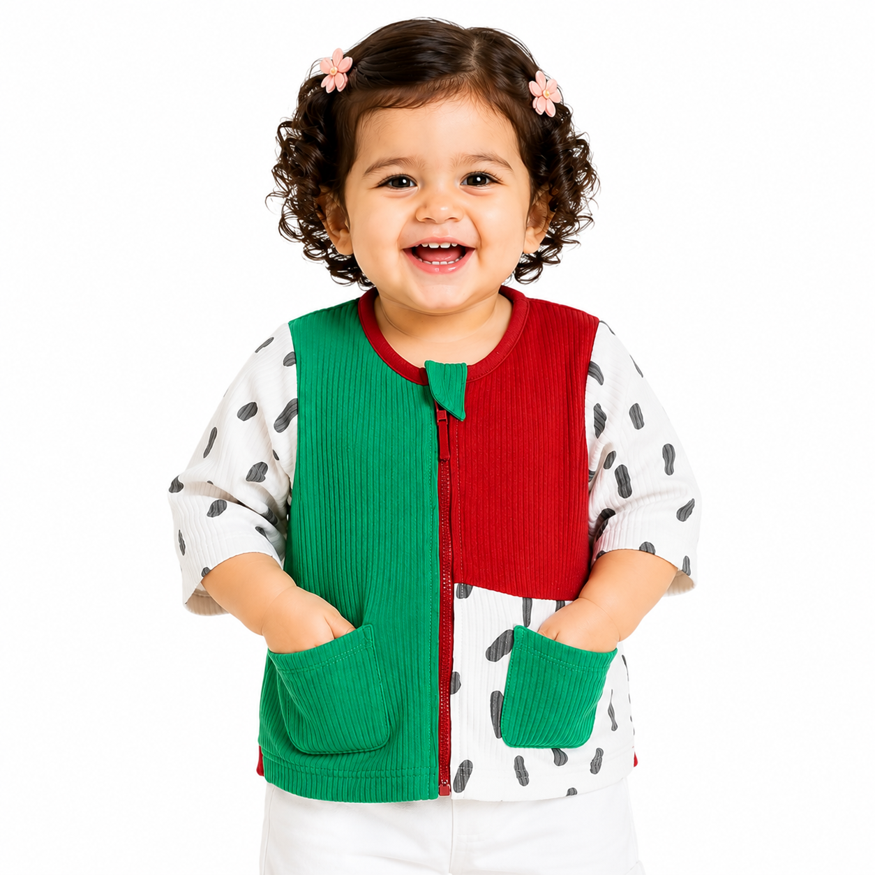 Girls Cotton Full Sleeves Colorblocked Jacket - White & Green