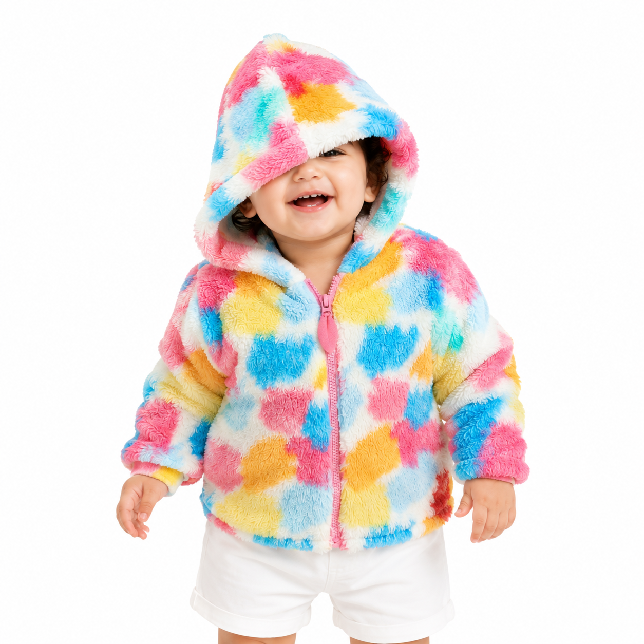 Girls Cotton Full Sleeves Abstract Printed Jacket - White & Pink