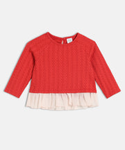 Girls Cotton Full Sleeves Self Design Knit Top - Red