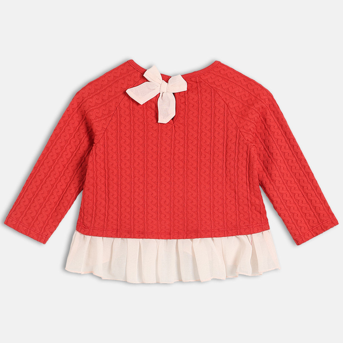 Girls Cotton Full Sleeves Self Design Knit Top - Red