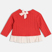 Girls Cotton Full Sleeves Self Design Knit Top - Red
