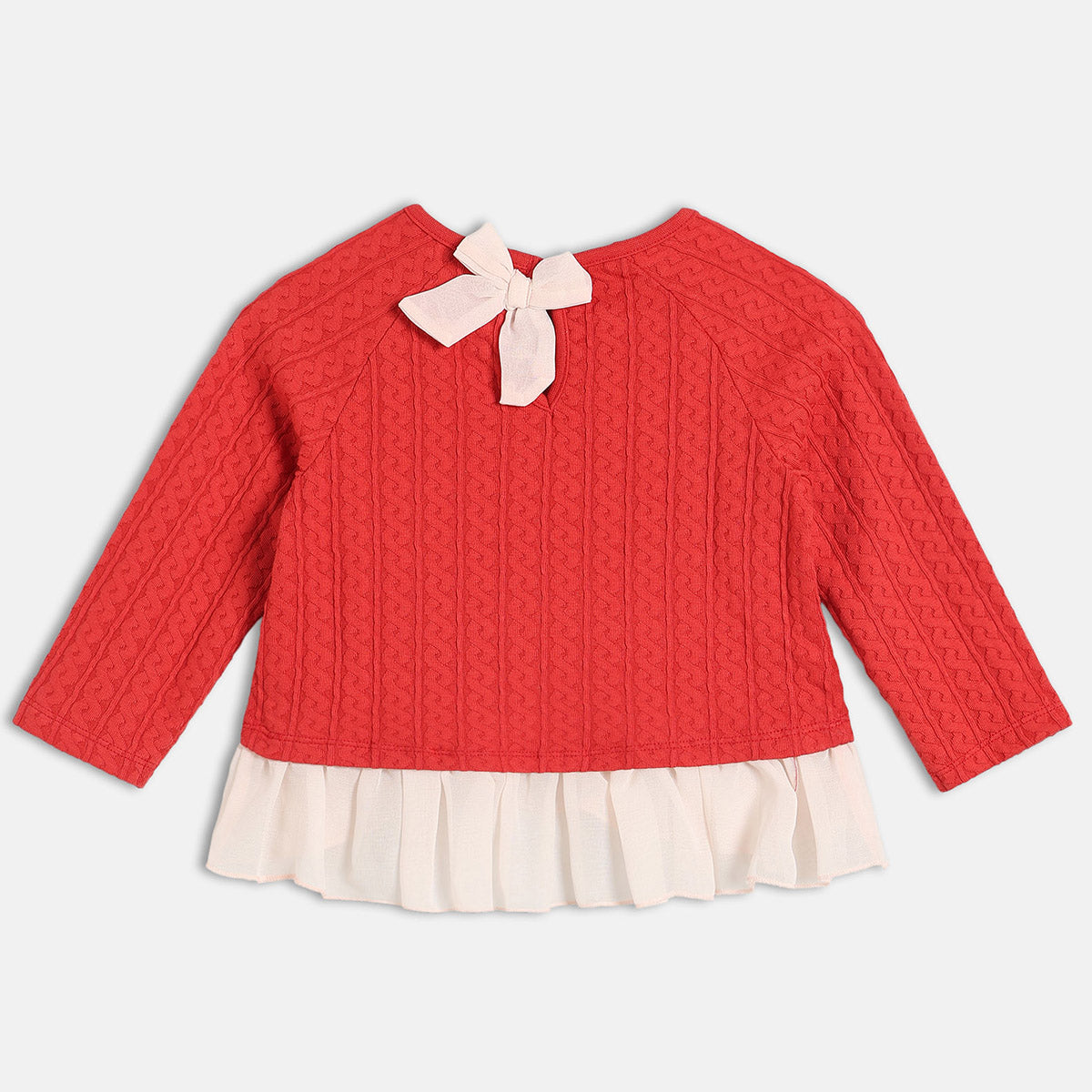 Girls Cotton Full Sleeves Self Design Knit Top - Red