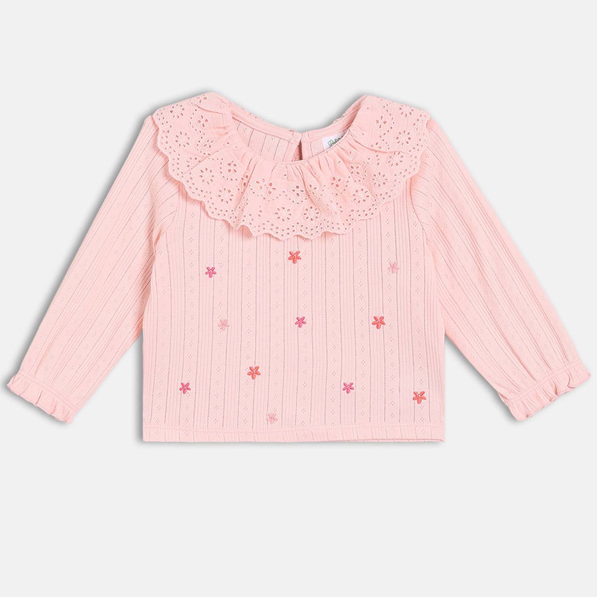 Girls Cotton Full Sleeves Floral Embroidered Top - Pink
