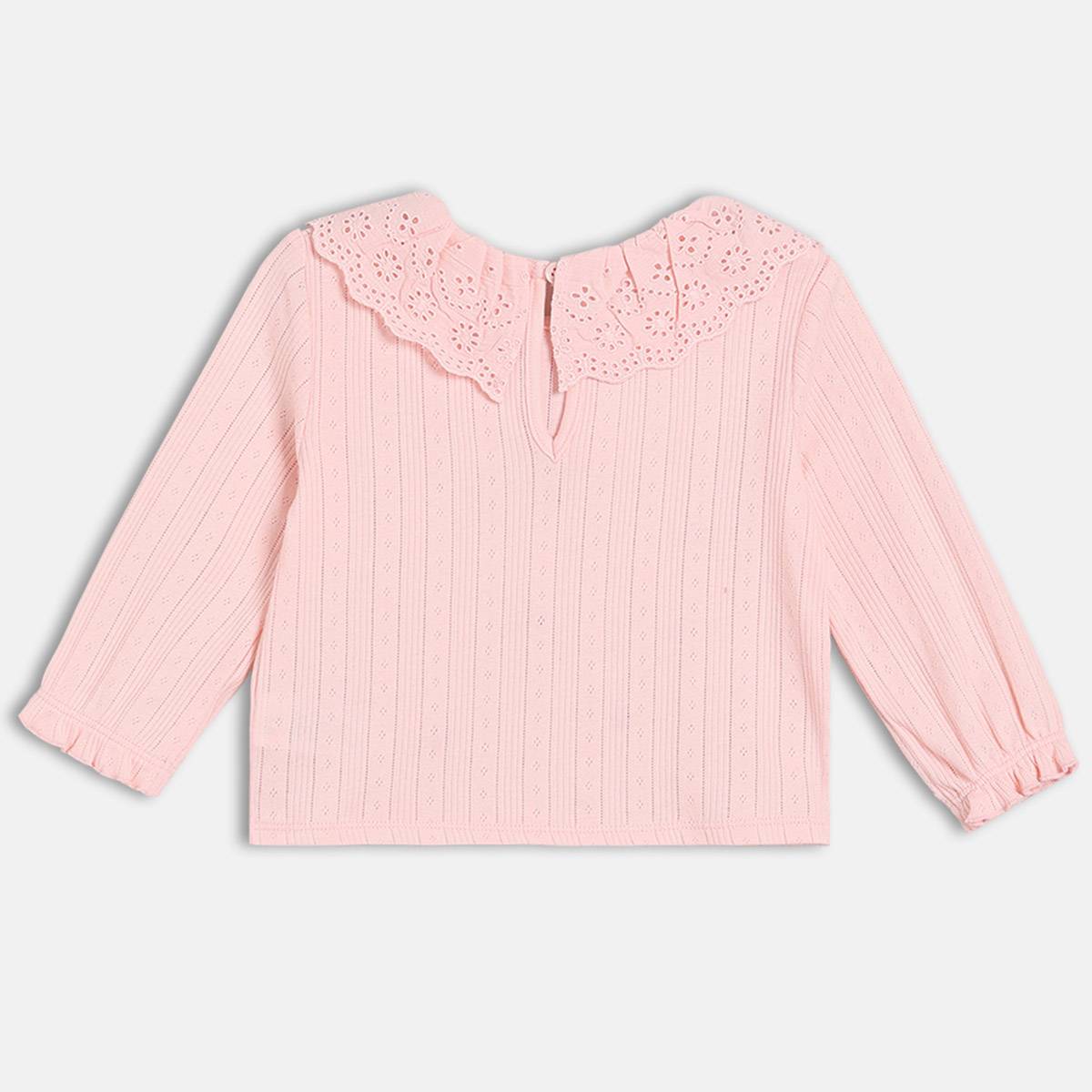 Girls Cotton Full Sleeves Floral Embroidered Top - Pink