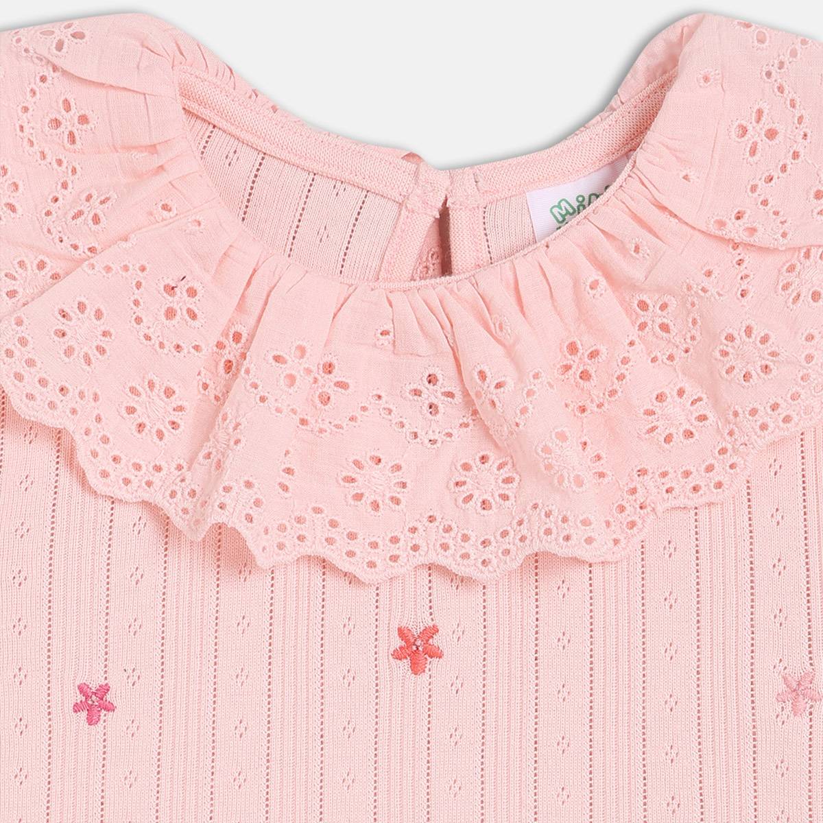 Girls Cotton Full Sleeves Floral Embroidered Top - Pink