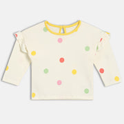 Girls Cotton Full Sleeves Polka Dots Printed Top - White