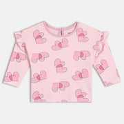 Girls Cotton Full Sleeves Hearts Printed Top - Pink