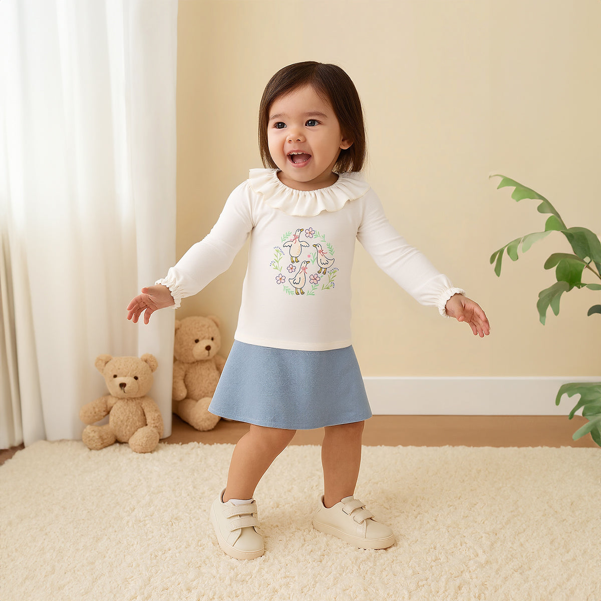 White Baby Girls Round Neck Full Sleeve Knit Top