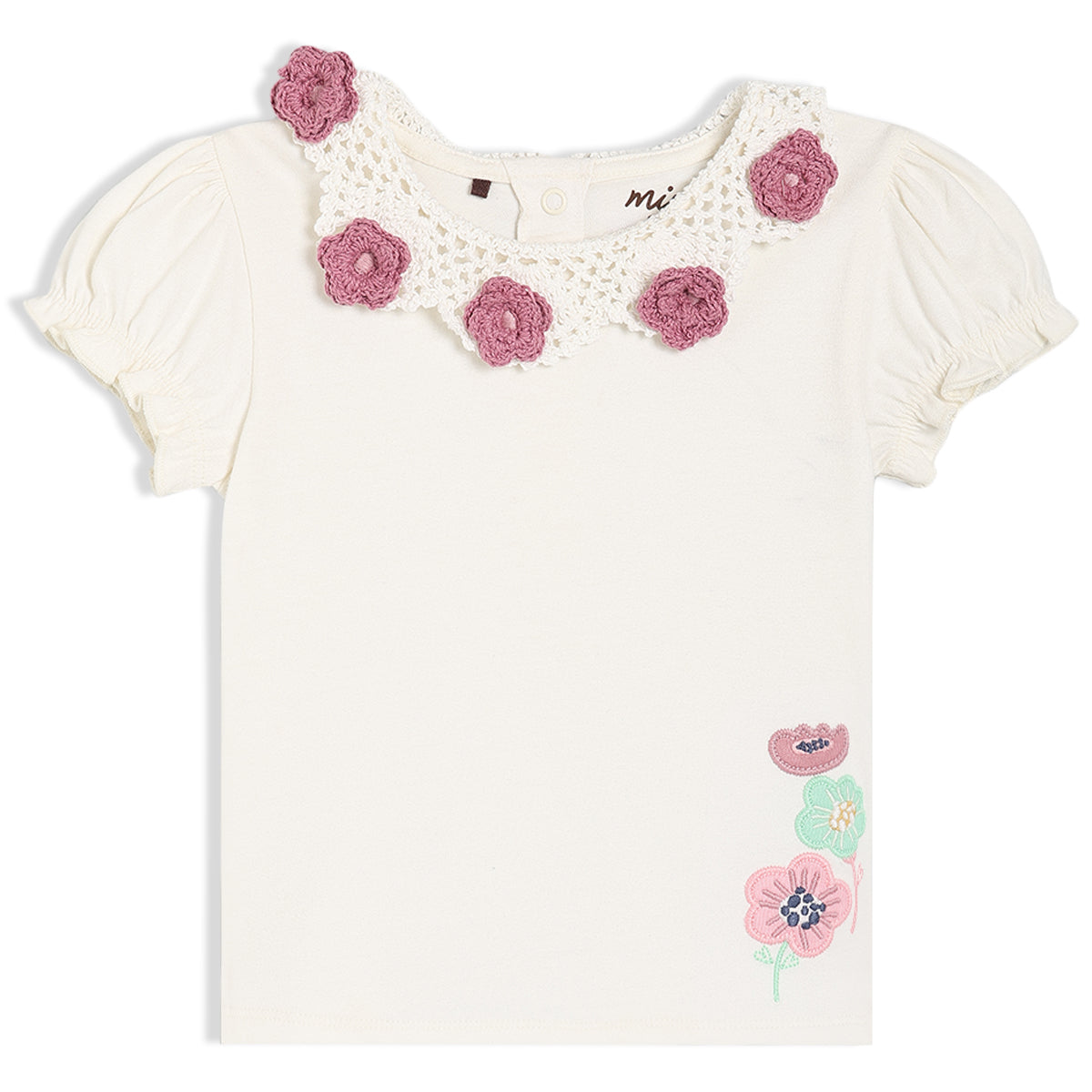 Girls White Round Neck Half Sleeve Knit Top