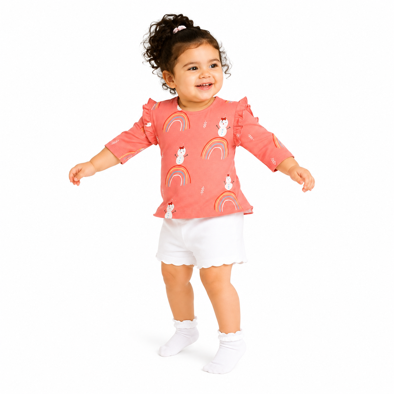Girls Cotton Full Sleeves Rainbow Printed Top - Peach