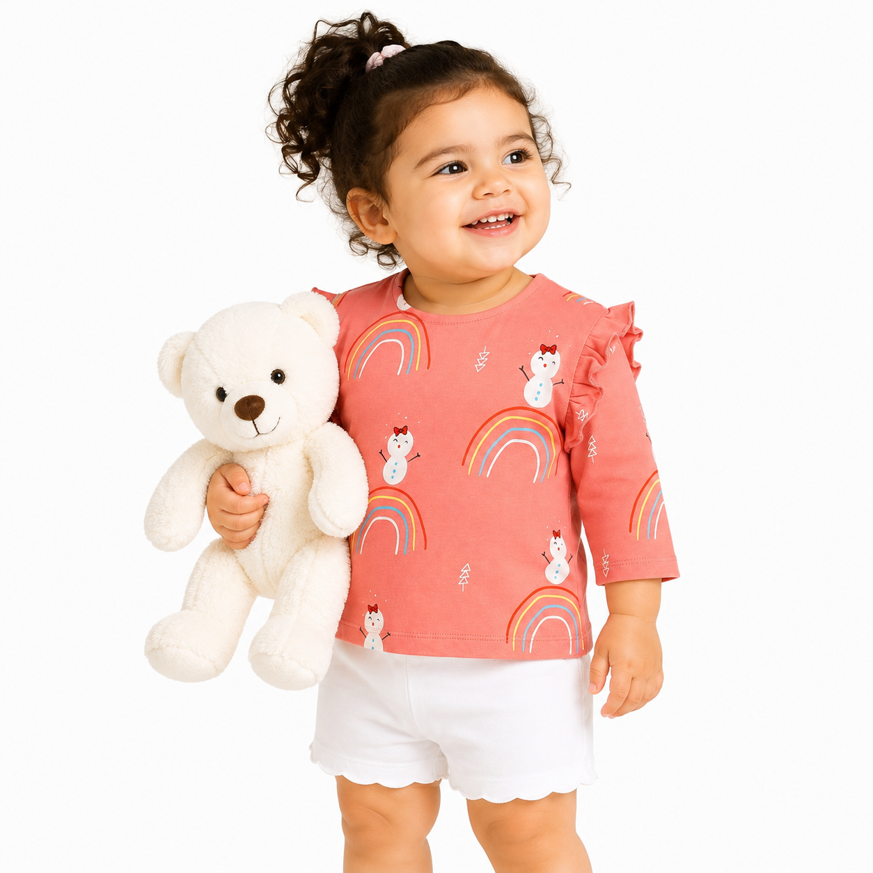 Girls Cotton Full Sleeves Rainbow Printed Top - Peach