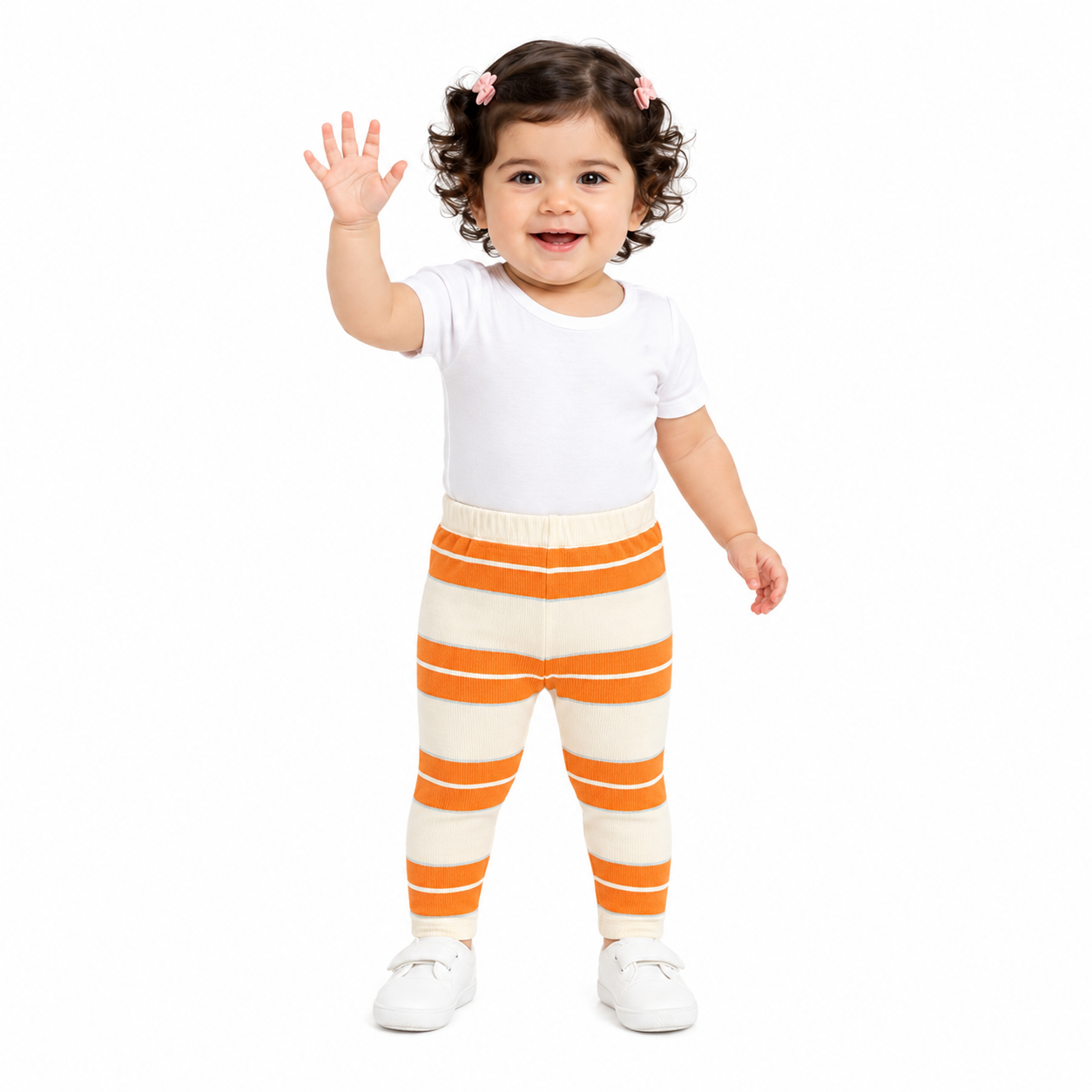 Girls Cotton Striped Leggings - Orange